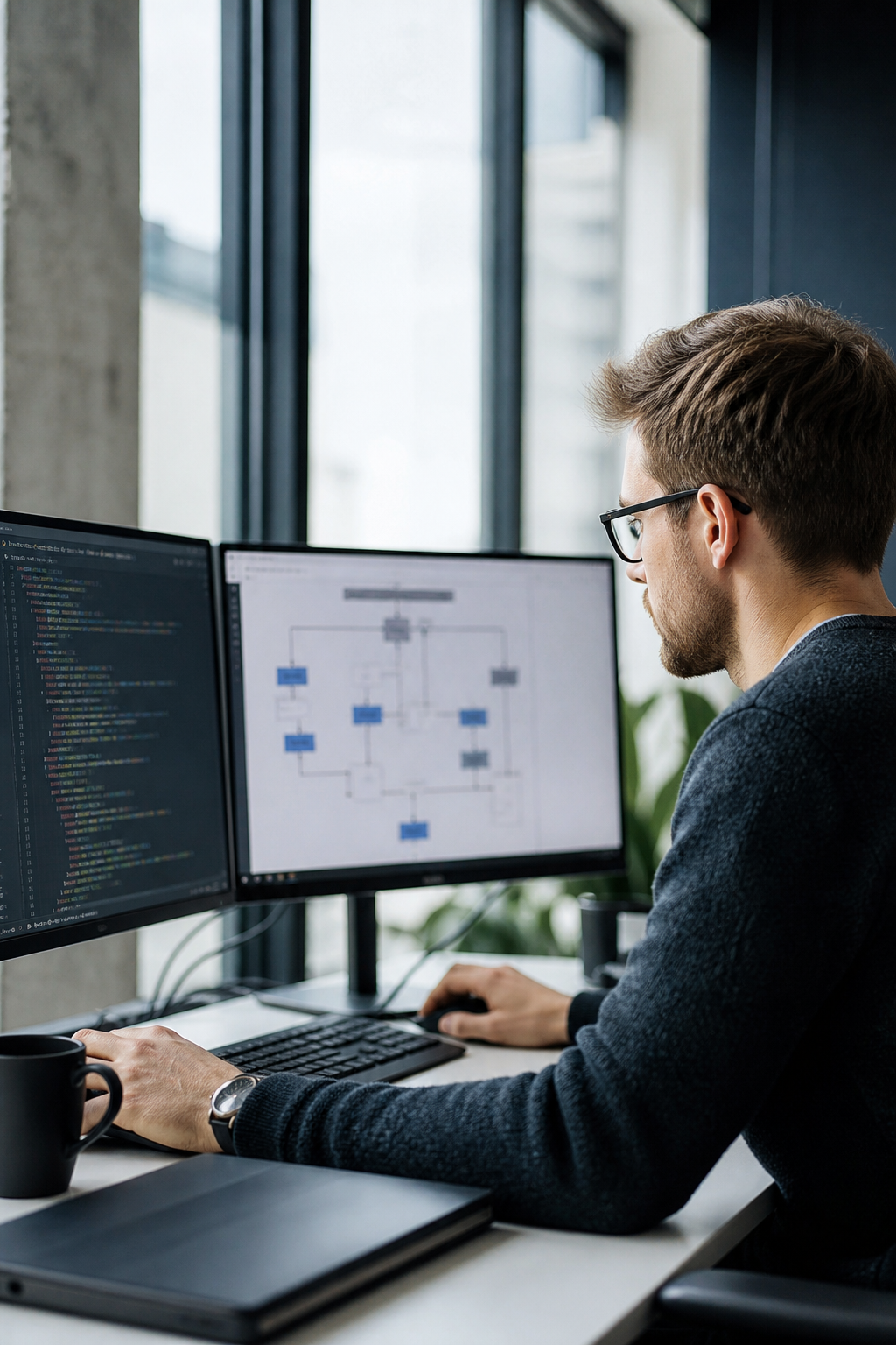 Engineer reviewing code and system architecture