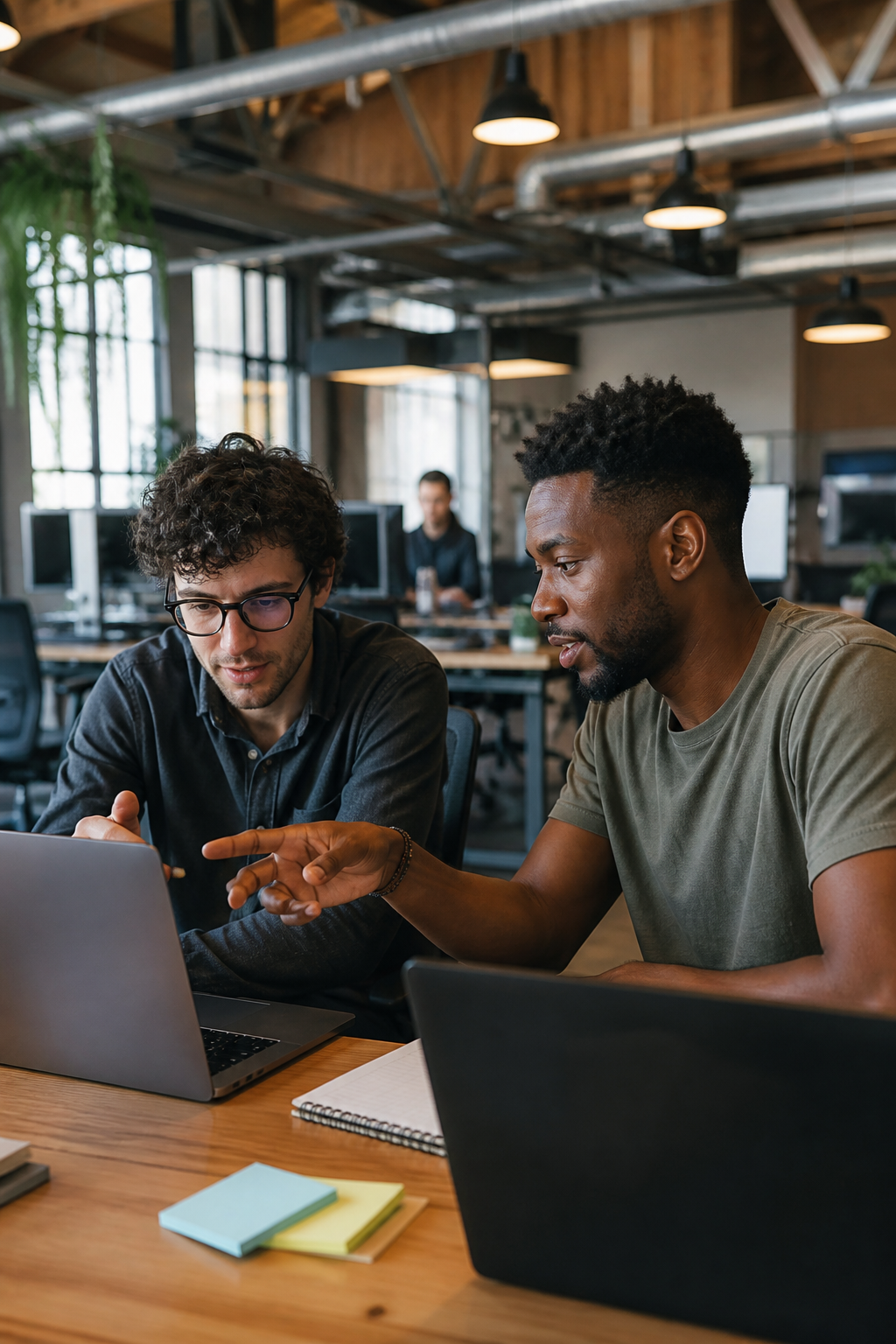 Developers pair-programming at a shared workstation