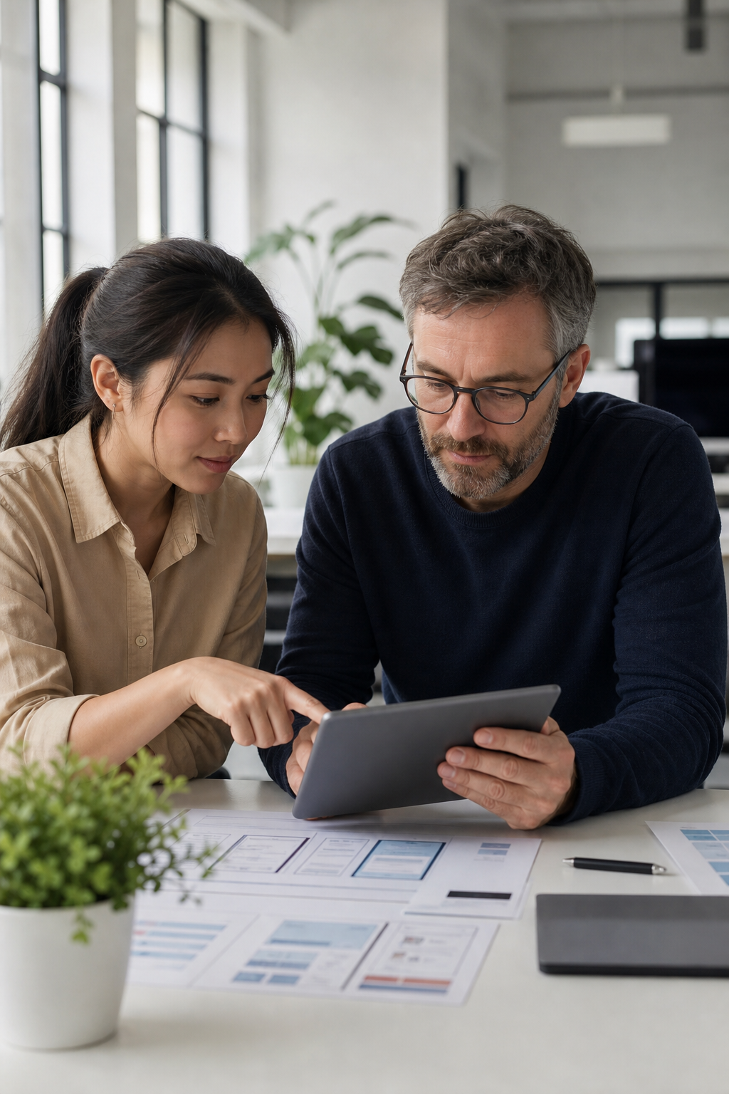 Designers reviewing a mobile interface on a tablet