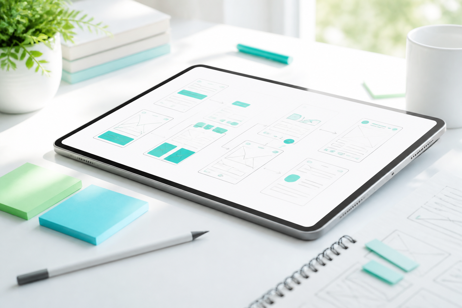Minimal UX design workspace with wireframes on a tablet